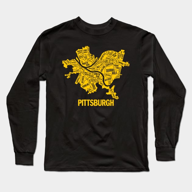 Pittsburgh Neighborhoods Map (Gold) Long Sleeve T-Shirt by ObiPatricKenobi